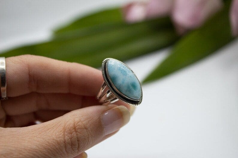 Dominican Natural Blue Larimar 925 Sterling Silver Handmade Ring - By Advait Craft