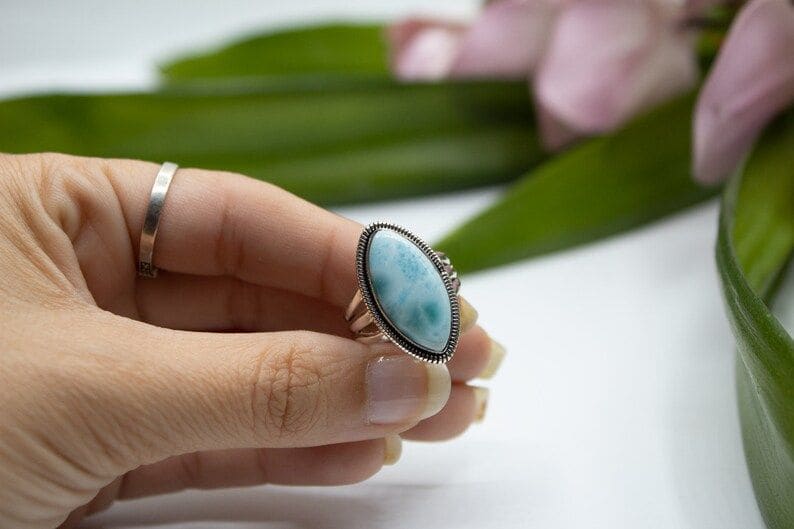 Dominican Natural Blue Larimar 925 Sterling Silver Handmade Ring - By Advait Craft