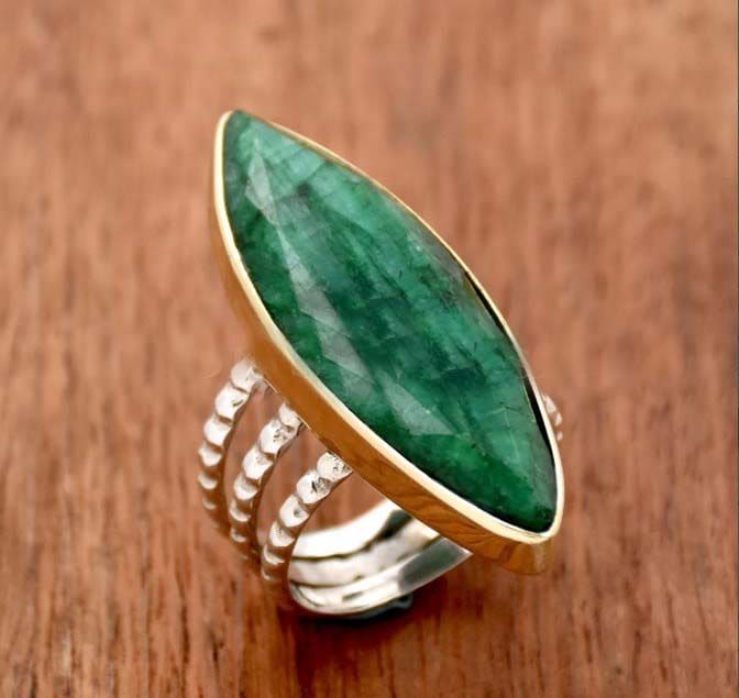 Indian Emerald 925 Sterling Silver Handmade Large Marquise Gemstone Ring Gift For Her Valentines Day - By Inishacreation