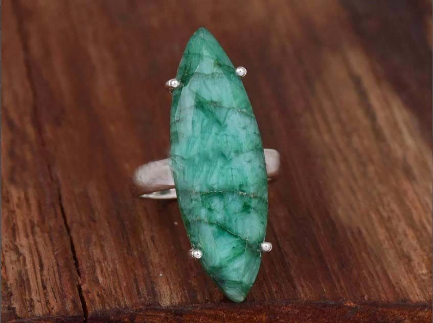 Indian Emerald 925 Sterling Silver Handmade Prong Marquise Gemstone Bohemian Ring Jewely Gift For Her - By Inishacreation