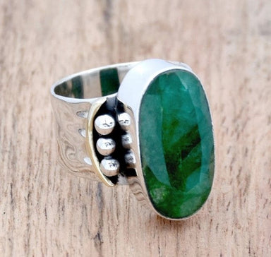 Indian Emerald Handmade 925 Sterling Silver Oval Gemstone Wide Band Ring - By Inishacreation