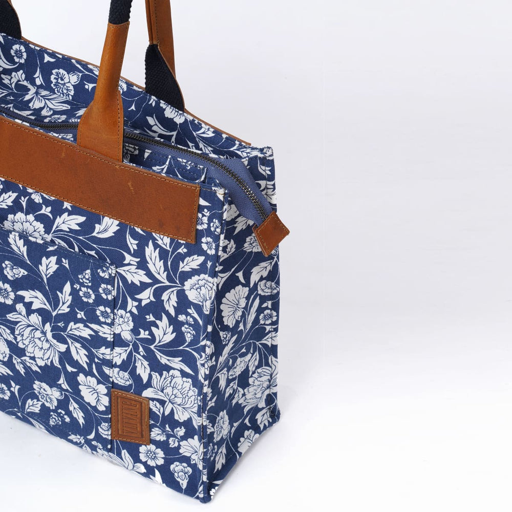 Indigo Print Cotton And Leather Tote Bag Large Shoulder - By Vliving