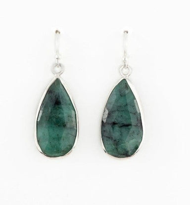 Silver Raw Emerald Earrings Dangle Teardrop May Birthstone - By Inishacreation