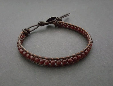 4 Mm Garnet Stone Beads Brown Leather Bracelet Wrap Anklet - by Bymemade
