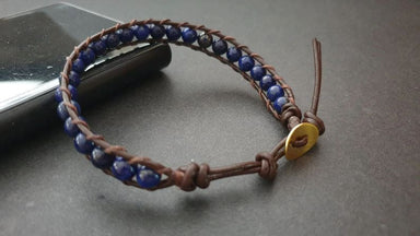 6 Mm Lapis Lazuli Brown Leather Wrap Bracelet Bracelet,wrap - By Bymemade