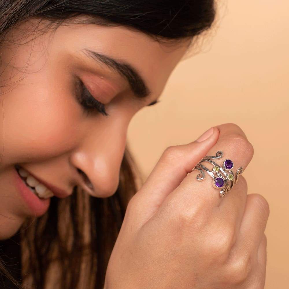 Rings Amethyst Peridot Multi Gemstone Sterling Silver Ring - by jaipur art jewels
