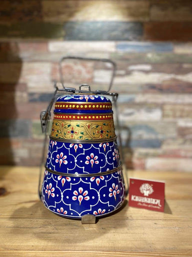 kitchen & dining Hand Painted 3 Tier Steel Lunch Box- Indian-style tiffin carrier Bombay Dabba - by Mrinalika Jain