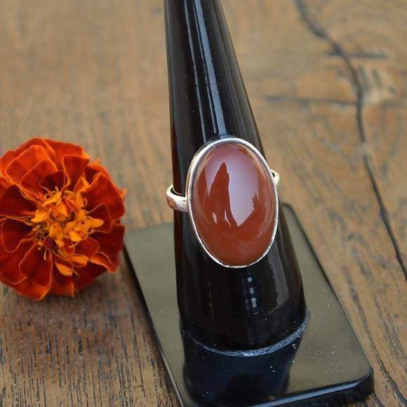 Rings Carnelian Gemstone Ring- August Birthstone - 925 Sterling Silver Ring - Natural Orange Oval Jewelry- Yellow Gold