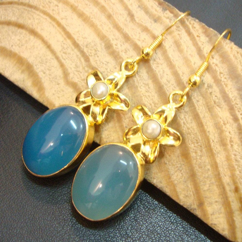 earrings Christmas Gift 925 Sterling Silver Gold Plated Blue Chalcedony and Pearl New Fashion Dangle Earrings Indian Stone Jewelry - by 