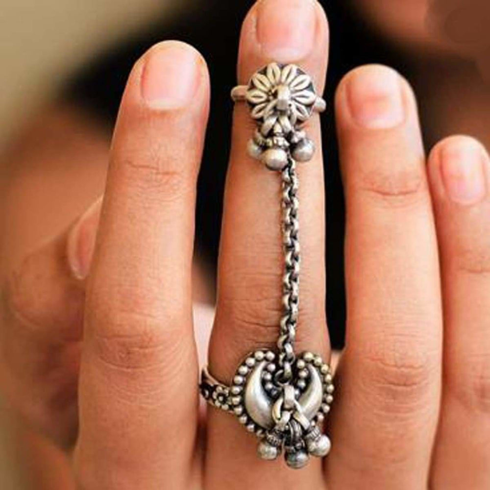 rings Dual Chain 925 Silver Ring Designer Handmade Sterling Gift For Her Adjustable Ethnic Style Double Rings Nickel Free ring - by Manjari 
