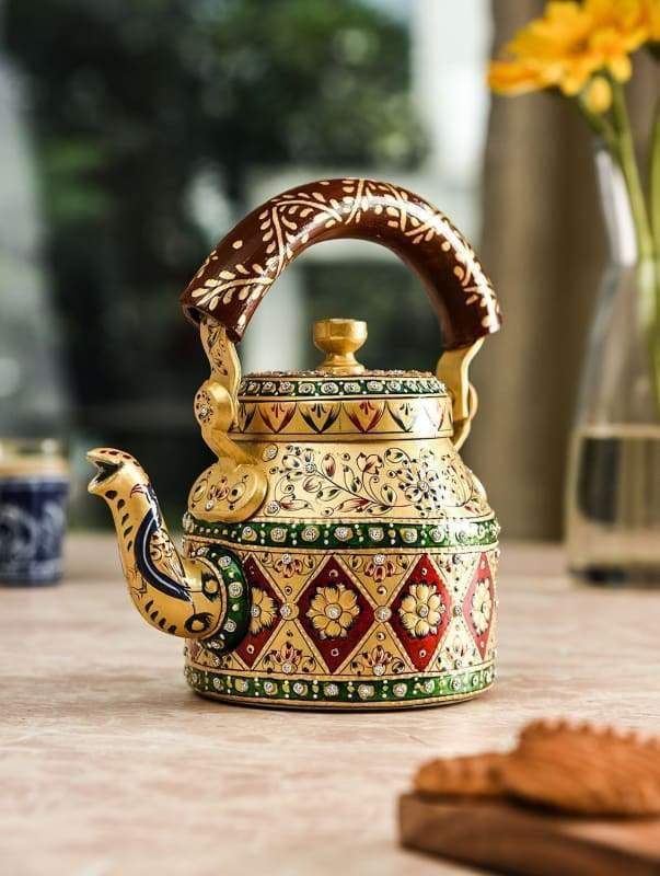 Painted Teapots Handpainted Kaushalam Royal Jaipur Teapot in Stainless Steel Yellow (500ml) - by Mrinalika Jain