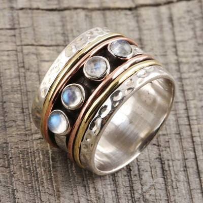 Mountain Moonstone Ring Fidget Spinner Sterling Silver for Women Nature Meditation Spinning Wide Band Anxiety - by InishaCreation