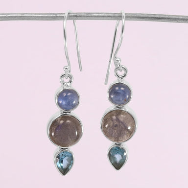 Natural Labradorite Kyanite Blue topaz Sterling Silver Earring Handmade Three Stone 925 Dangle Gemstone Gift For Her - by Rajtarang