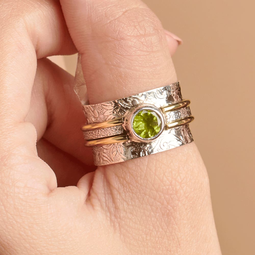 Rings Natural Peridot Birthstone Ring 925 Silver Texture Band Jewelry,Artisan Bend Ring,Texture Designer Ring,Handmade - by InishaCreation