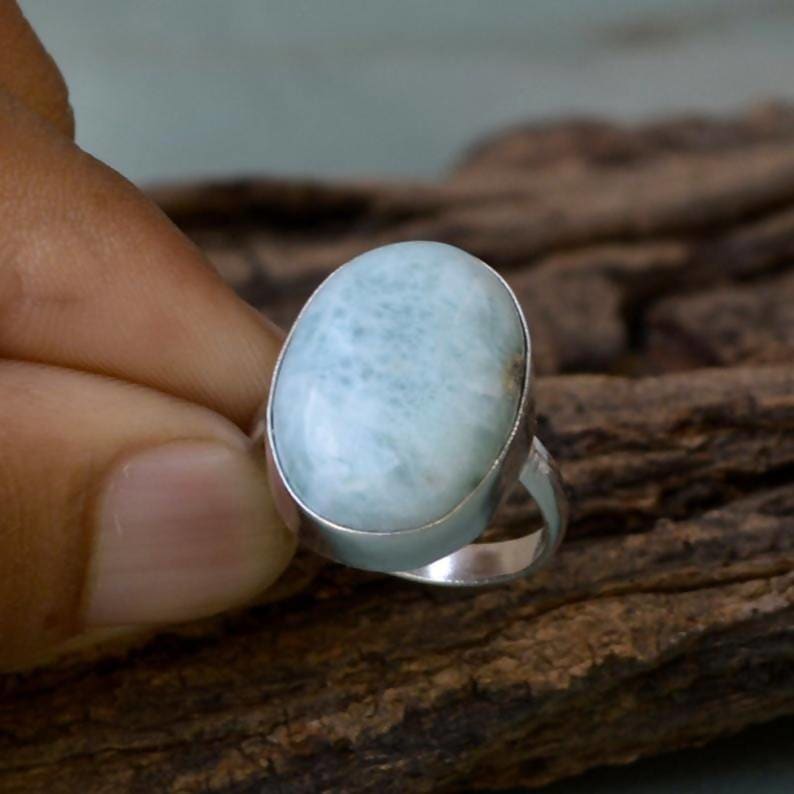 rings Oval Dominican Larimar Gemstone Ring Stone 925 Sterling Silver Bezel Set Simple Gift Jewelry Nickel Free Handcrafted - by 