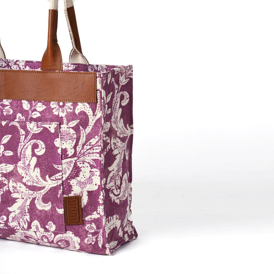 Plum Dominoterie Print Cotton Duck And Leather Tote Bag Large Shoulder Bag. - By Vliving