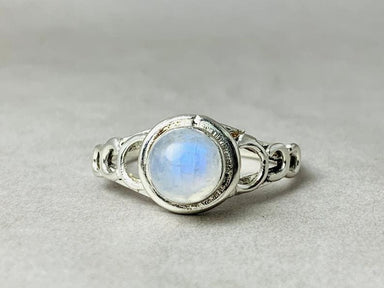 Rainbow Moonstone Ring 925 Sterling Silver Round Boho Blue Fire for Women Cabochon - by Heaven Jewelry