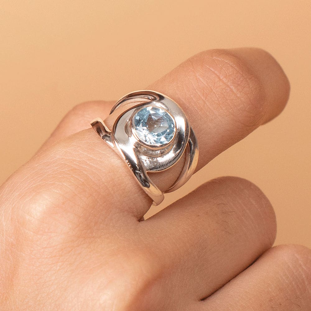 Round Cut Blue Topaz Gemstone Ring 925 Sterling Silver Jewelry Bezel Set Unique Birthstone Gift Handmade - By Jaipur Art Jewels