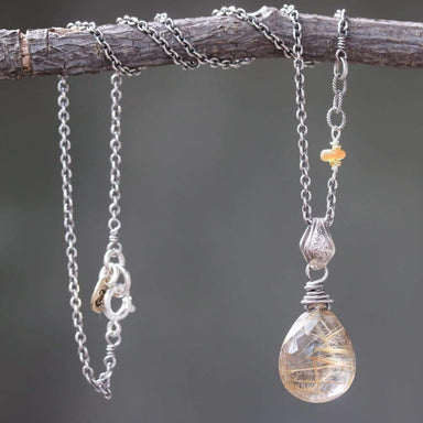 Necklaces Teardrop faceted Rutilated quartz pendant necklace with fire opal beads secondary on oxidized sterling silver cable chain