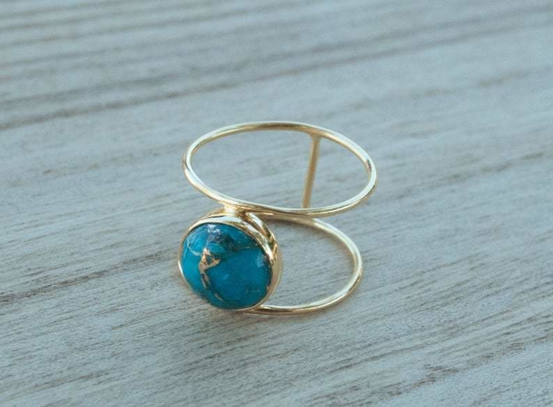 rings Turquoise Gold Statement 925 Sterling Silver Ring Handcrafted Blue Copper Jewelry For Her - by GIRIVAR CREATIONS