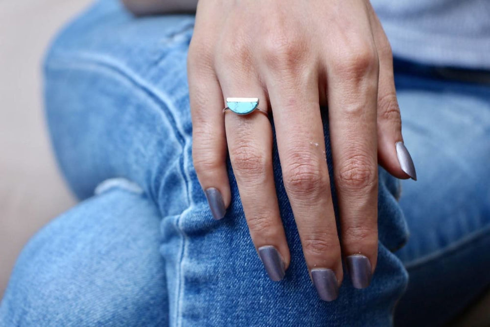 rings Turquoise And Rhodium Ring,Half Moon Marble Stone Ring/Toe Ring Geometric Jewellery Gypsy Gifts For Her Bohemian MR32 - by Silver Soul