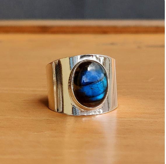 Blue Fire Labradorite 925 Sterling Silver Handmade Band Ring For Her - By Advait Craft