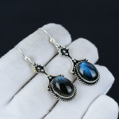 Labradorite Oval Blue Gemstone 925 Sterling Silver Drop Dangle Earrings - By Aayesha Craft