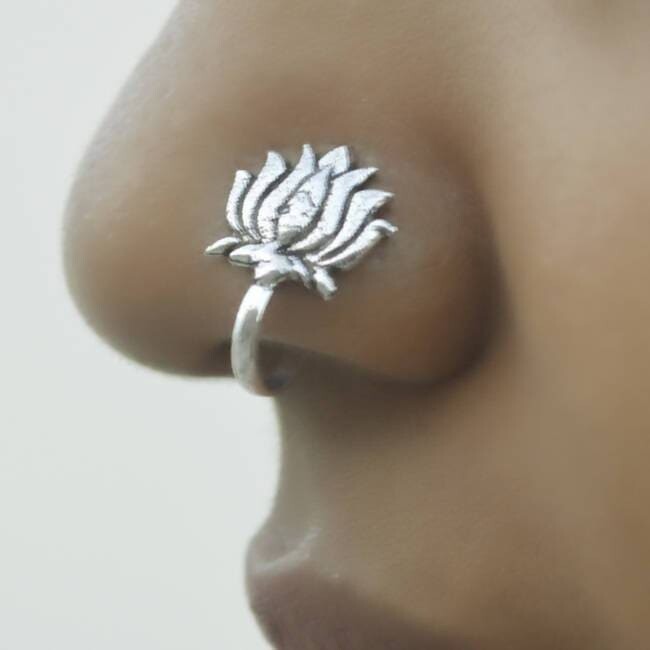Adjustable Lotus Style Silver Nose Pin-septum Ring Endless Hoop -no Piercing-clip On Ring-earring Jewellery-philtrum Medusa - By Subham