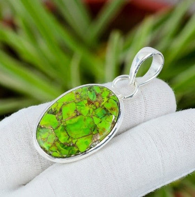 Copper Green Turquoise Gemstone 925 Sterling Silver Handmade Pendant - By Aayesha Craft