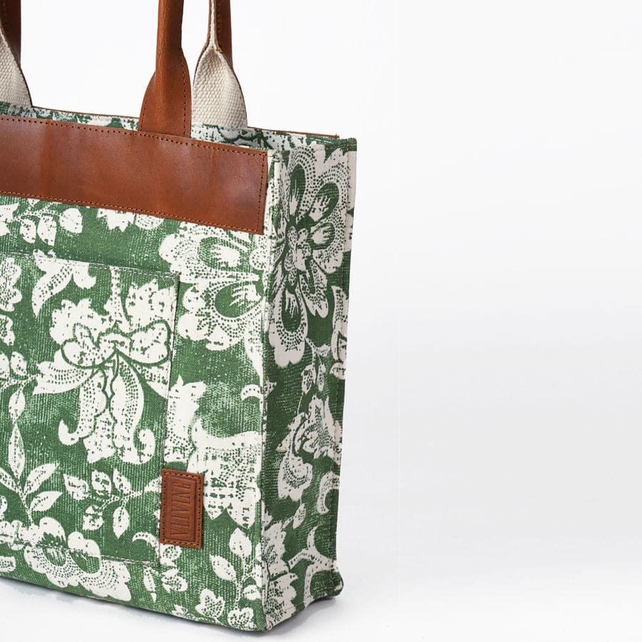 Green Dominoterie Print Cotton And Leather Tote Bag Large Shoulder - By Vliving
