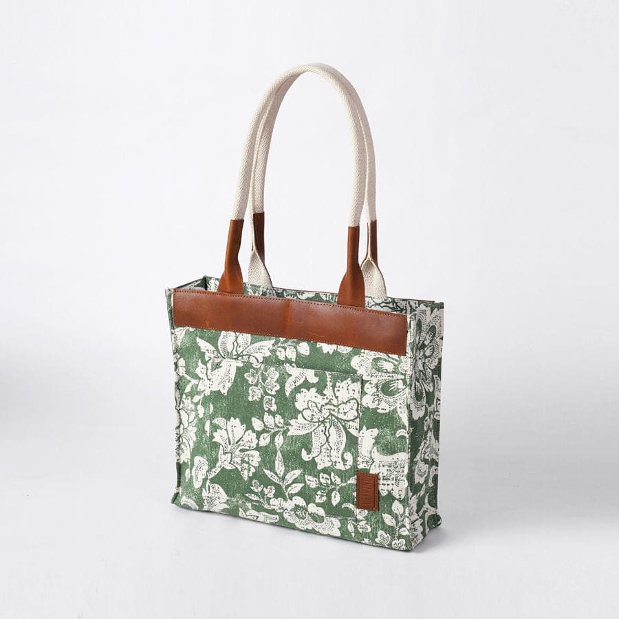 Green Dominoterie Print Cotton And Leather Tote Bag Large Shoulder - By Vliving