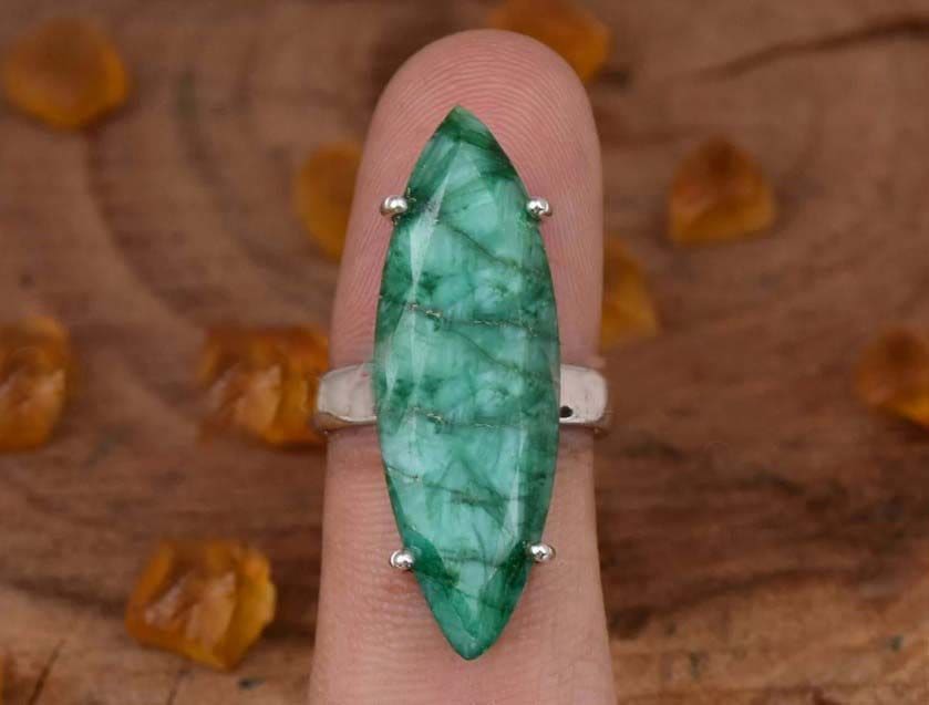 Indian Emerald 925 Sterling Silver Handmade Prong Marquise Gemstone Bohemian Ring Jewely Gift For Her - By Inishacreation