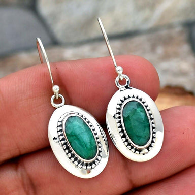 Indian Emerald 925 Sterling Silver Oval Gemstone Filigree Handmade Statement Earring Anniversary Gift For Her - By Inishacreation
