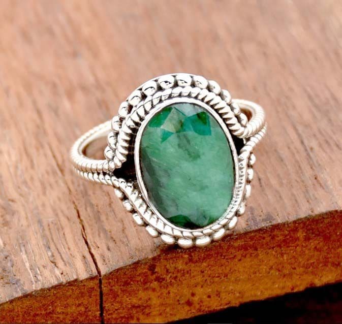 Indian Emerald Handmade 925 Sterling Silver Bohemian Rope Statement Beaded Ring Gift For Her - By Inishacreation