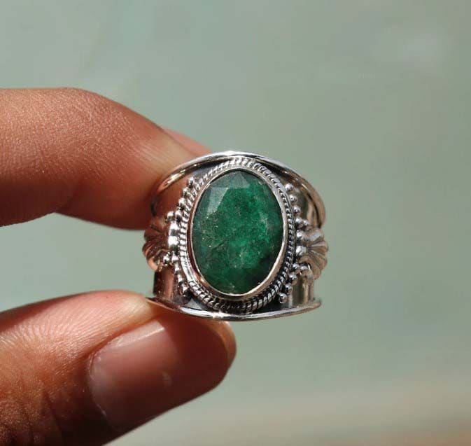 Indian Emerald Oval Green Gemstone 925 Sterling Silver Wide Band Ring - By Inishacreation