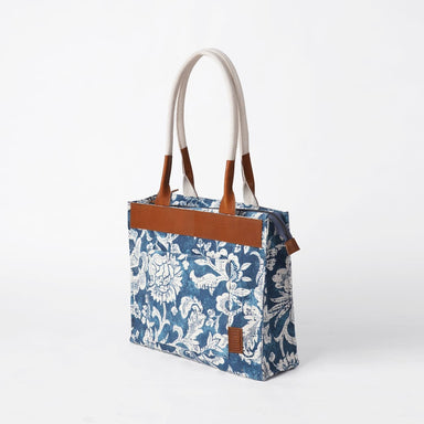 Indigo Dominoterie Print Cotton And Leather Tote Bag Large Shoulder - By Vliving