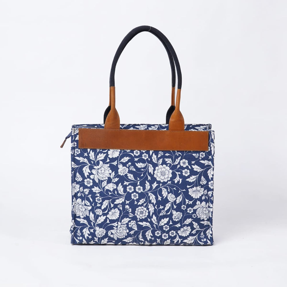 Indigo Print Cotton And Leather Tote Bag Large Shoulder - By Vliving
