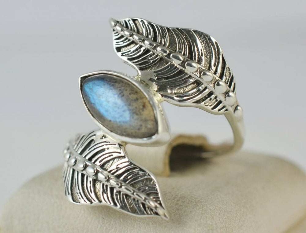 Labradorite Silver Dual Leaf Ring Blue Fire 925 Sterling Handmade Jewelry - By Navyacraft