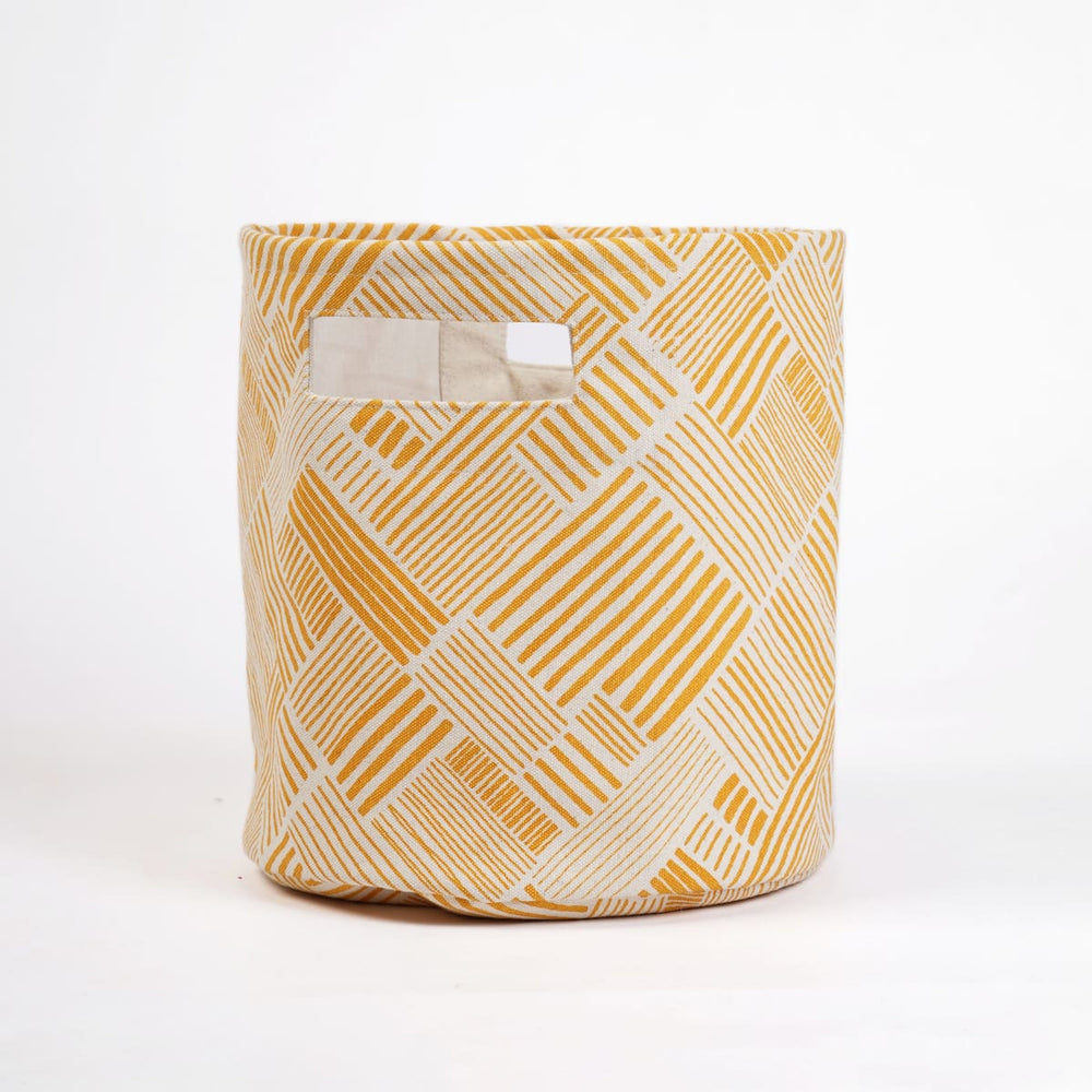 Modern Retro – Canvas Basket Mustard Yellow Stripe Print Storage Fabric Bin - By Vliving