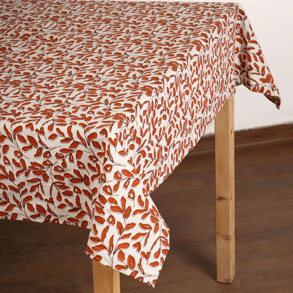 Modern Retro – Terracotta Cotton Table Cloth With Leaf Print - By Vliving