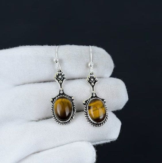 Natural Amazing Tiger Eye Gemstone 925 Sterling Silver Handmade Earrings - By Advait Craft