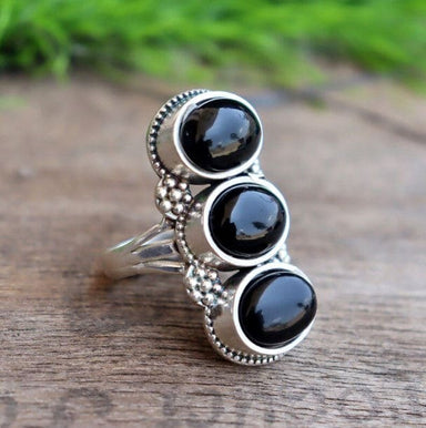 Natural Black Onyx 925 Sterling Silver Three Gemstone Handmade Ring - By Aayesha Craft