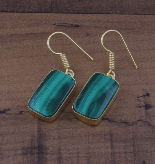 Natural Malachite Rectangle 925 Sterling Silver Dangle & Drop Gold Plated Earrings - By Aayesha Craft