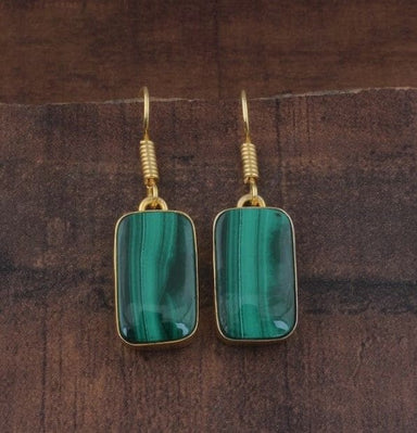 Natural Malachite Rectangle 925 Sterling Silver Dangle & Drop Gold Plated Earrings - By Aayesha Craft