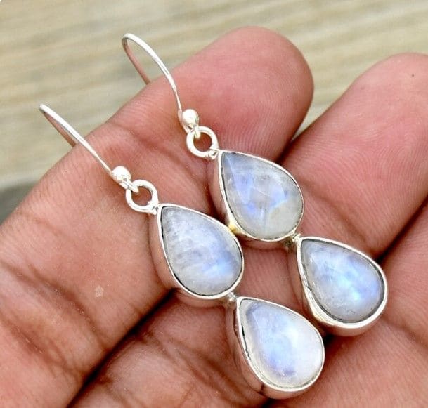 Natural Rainbow Moonstone 925 Sterling Silver Dangle Earrings - By Aayesha Craft
