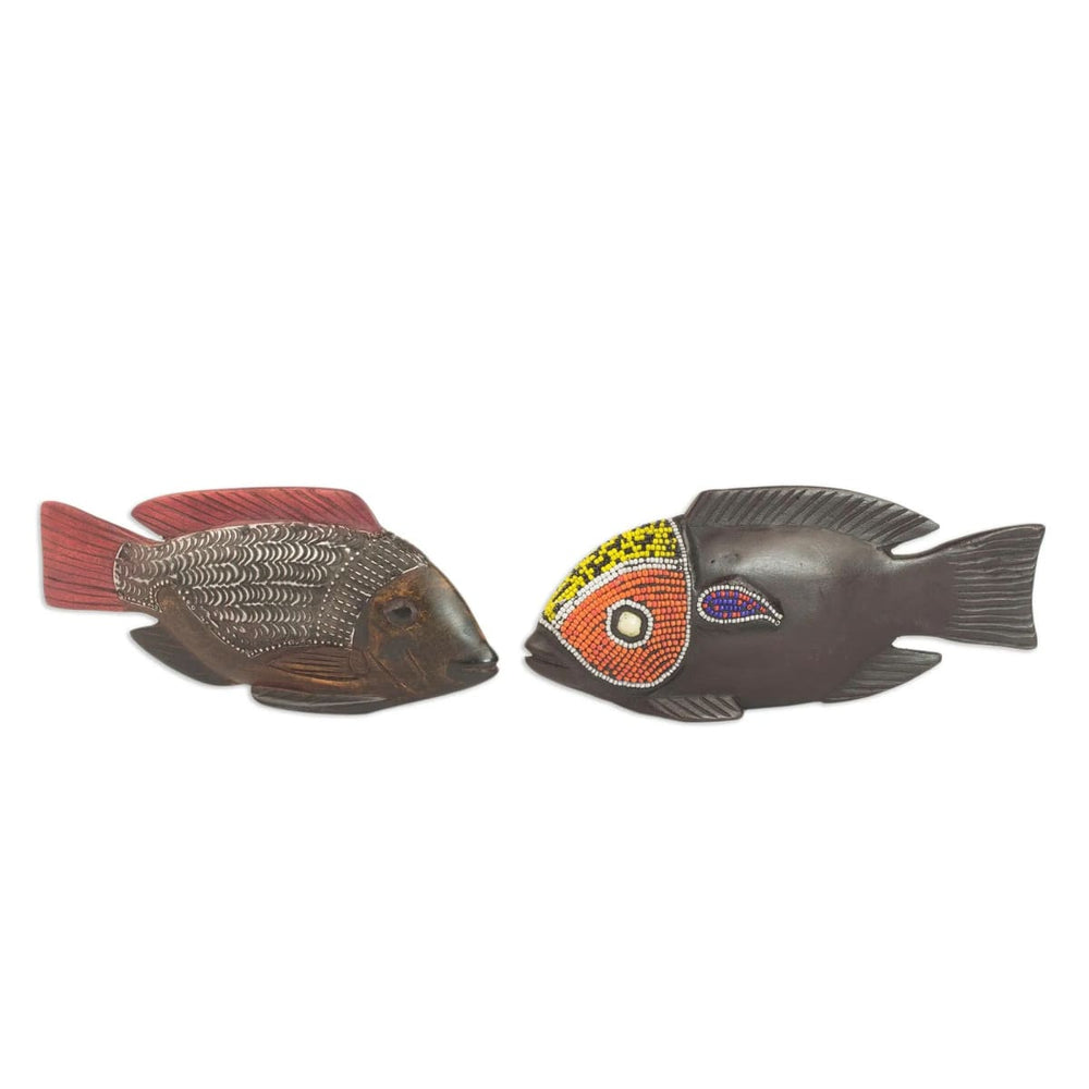 Novica African Tilapia Fish Beaded Wood Sculptures (pair) - By Novica