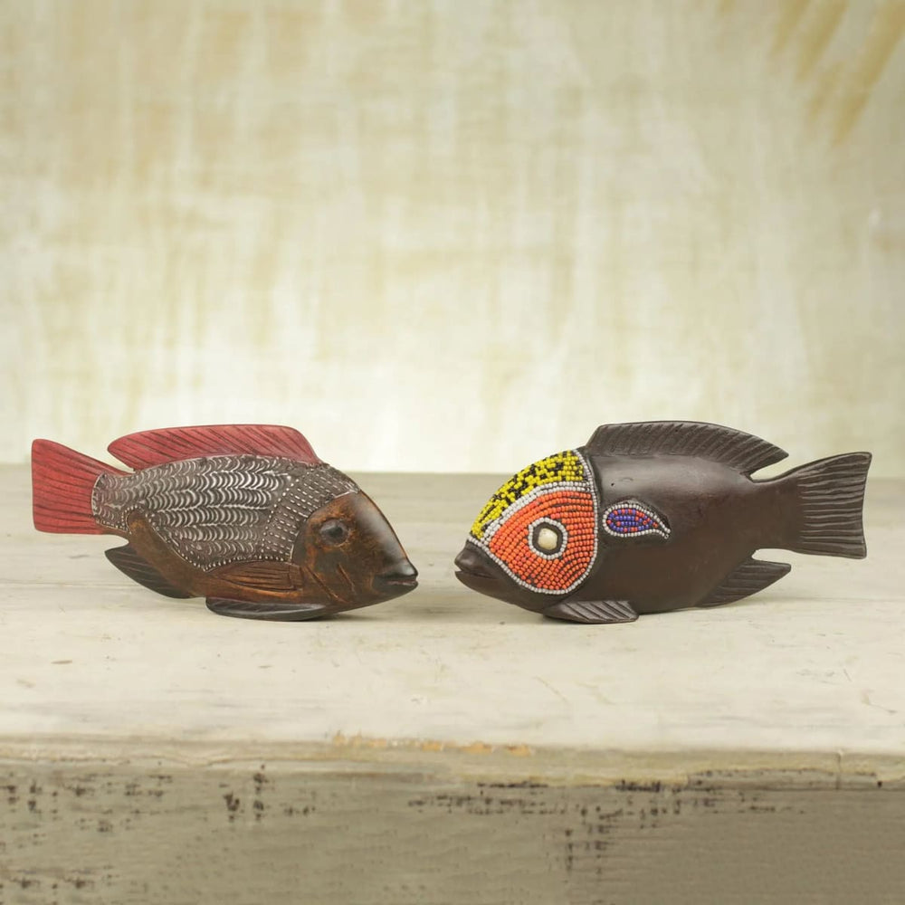 Novica African Tilapia Fish Beaded Wood Sculptures (pair) - By Novica