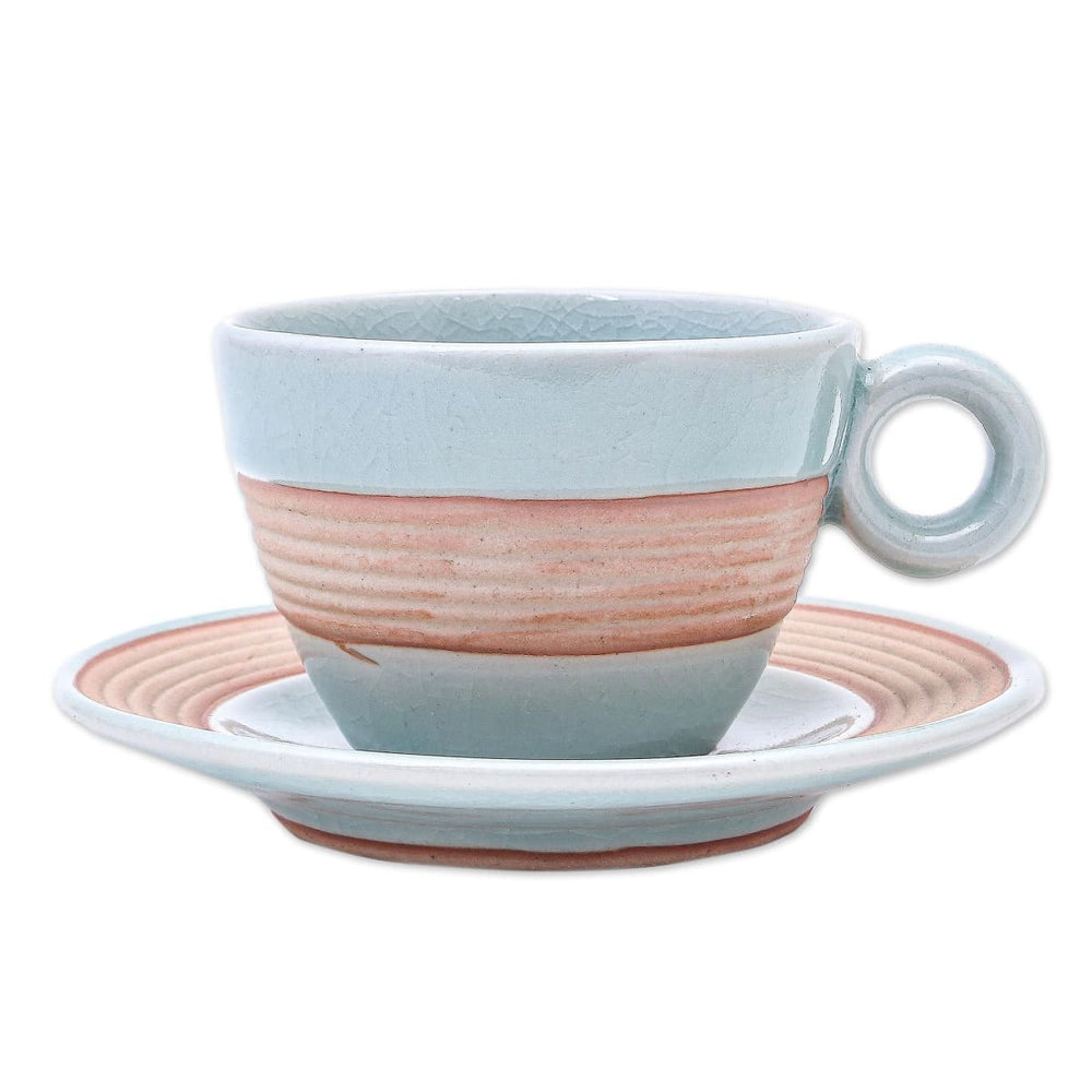Novica Aqua Oasis Celadon Ceramic Cup And Saucer - By Novica