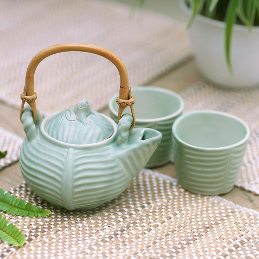 Novica Banana Frog Ceramic Tea Set (set For 2) - By Novica