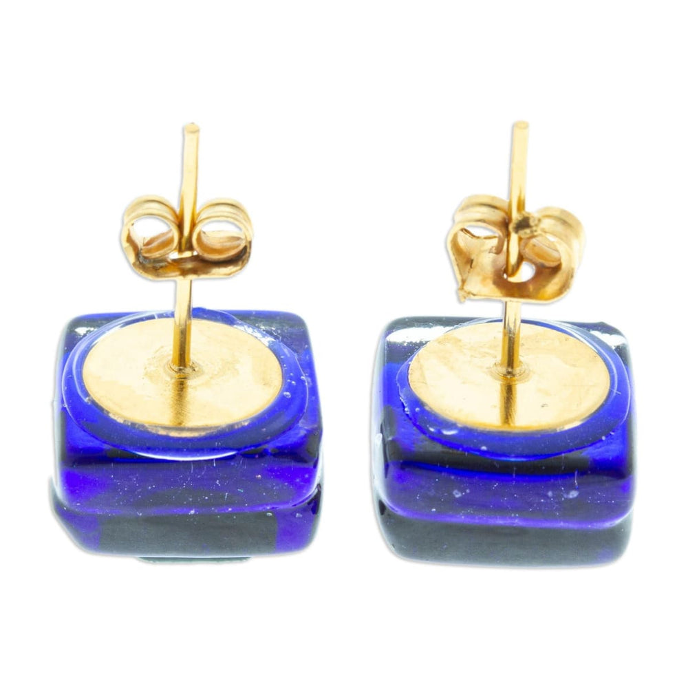 Novica Blue & Green Dichroic Fused Glass Mosaic Stud Earrings - By Novica